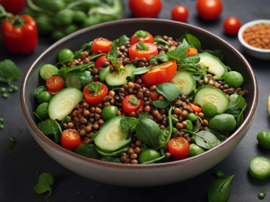 Een salade met gemengde groenten, zoals spinazie, tomaten, komkommer en paprika, met toegevoegde gekookte linzen en erwten.
